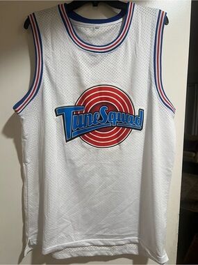 Tune Squad White Basketball Jersey with Red & Blue Bugs XL